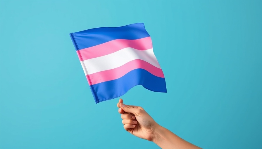 Transgender pride flag held up with blue background