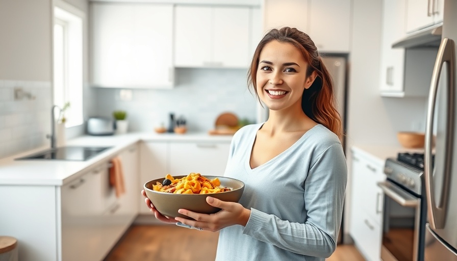 Smiling woman holding bowl superfood recipes in bright kitchen