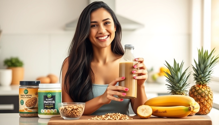Smiling woman holding ingredients for post-workout smoothies in kitchen.