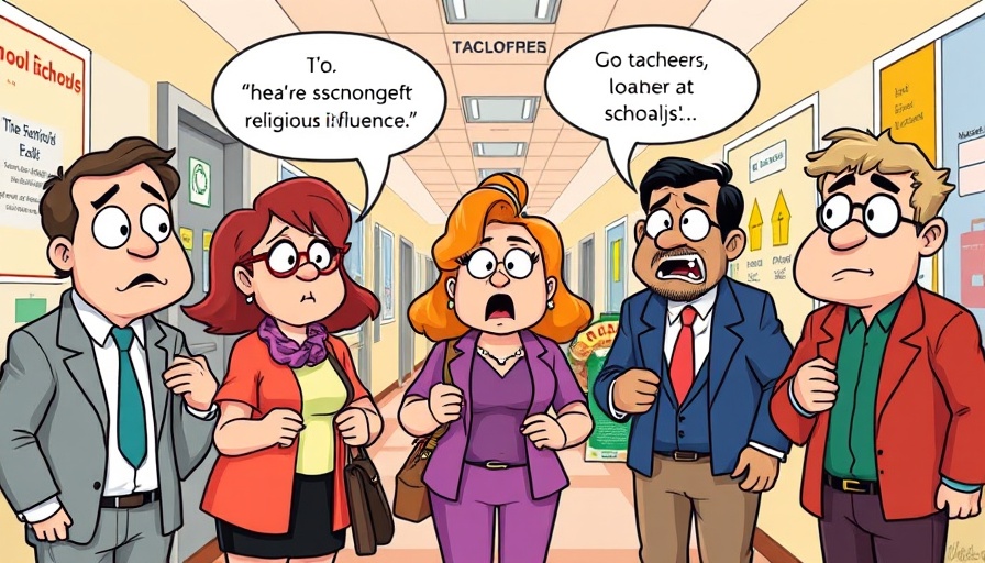 Cartoon discussing Religion in Texas Schools with teachers and divine figure.