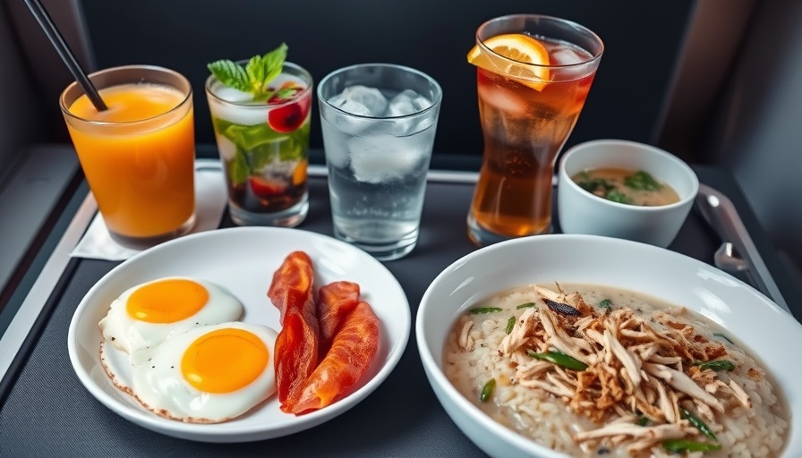 Cathay Pacific A350 food review: Three-panel of in-flight meals and drinks.