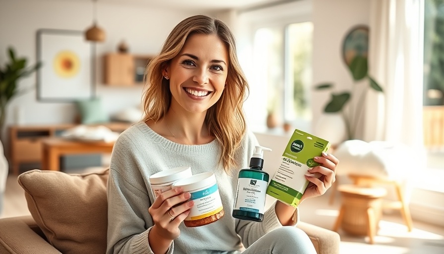 Woman holding biohacking items seated in living room.