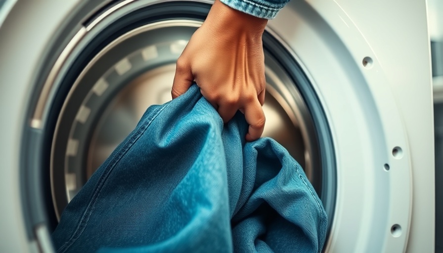 Loading blue jeans into a washing machine during washing machine cycles.