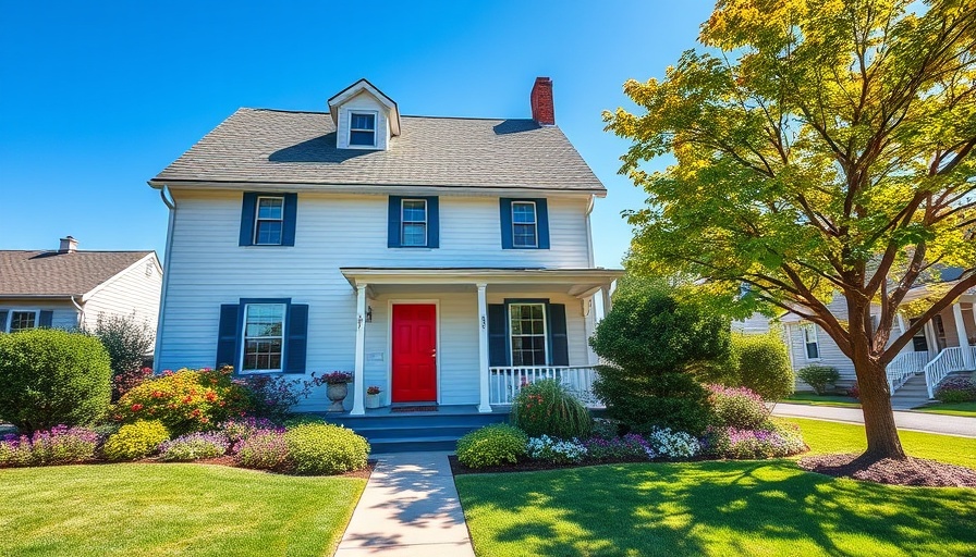 Charming house with red door and colorful garden boosting curb appeal