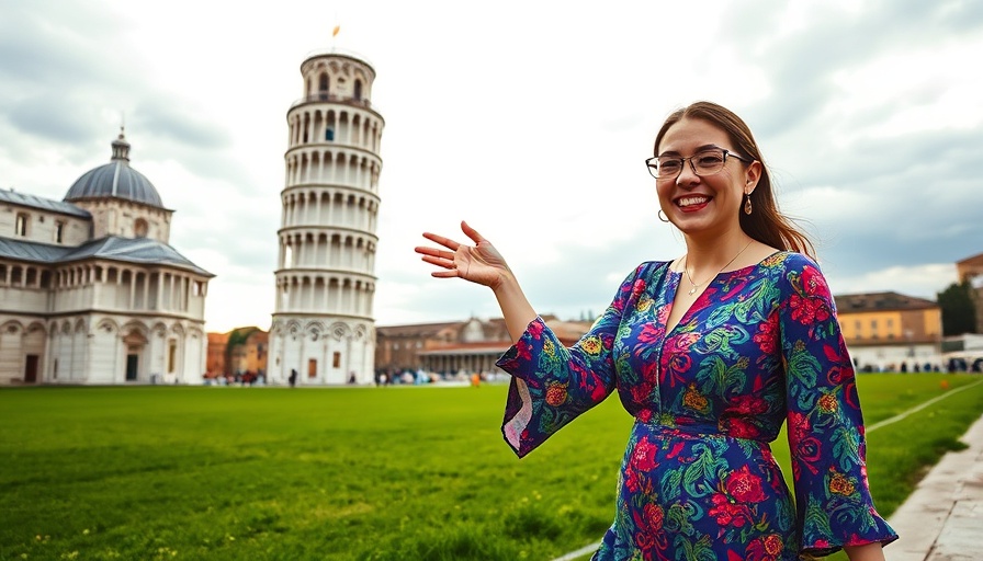 Woman posing with the Leaning Tower of Pisa on Disney Fantasy Mediterranean Cruise.