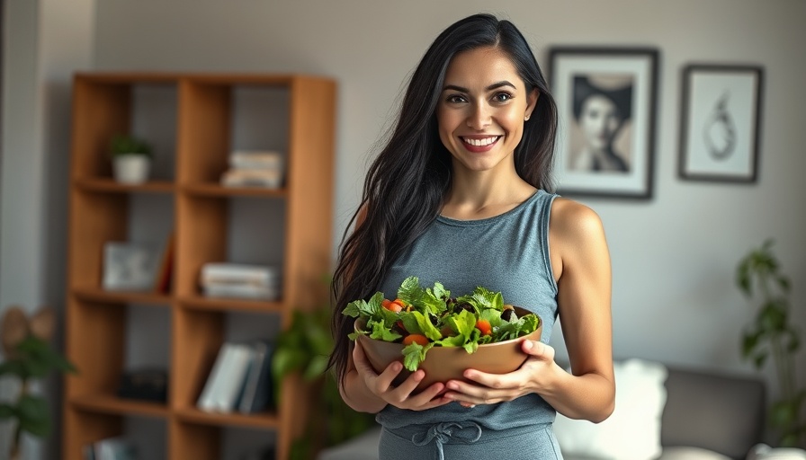 Smiling woman with salad promoting high volume low calorie recipes
