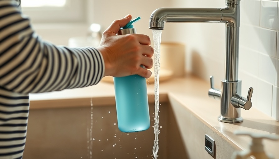 Person rinsing reusable water bottle at kitchen sink.
