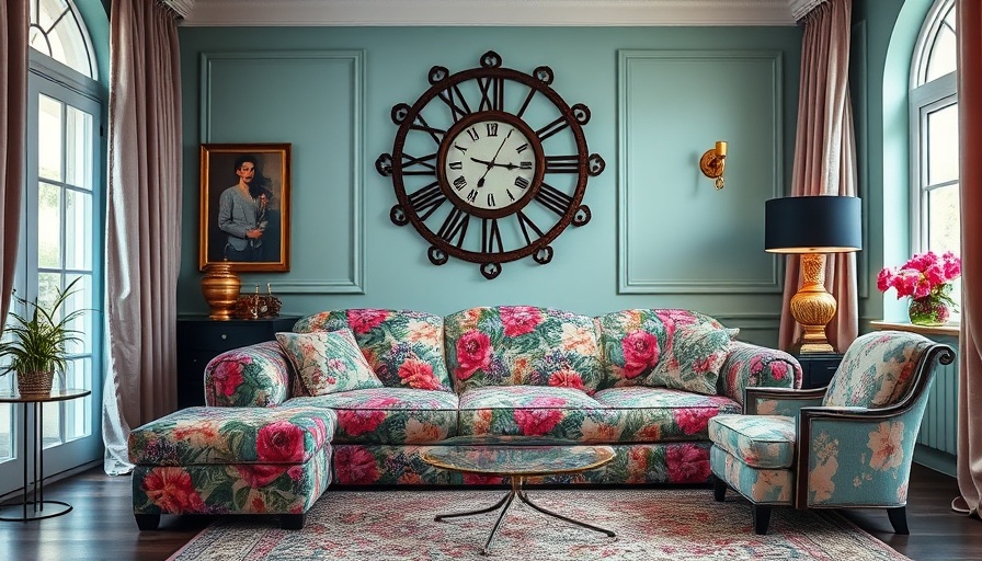Maximalist living room with floral sofa and ornate wall decor.