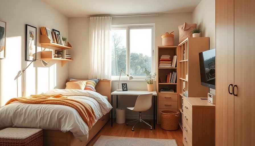 Smart storage solutions in a cozy dorm room with pastel decor.