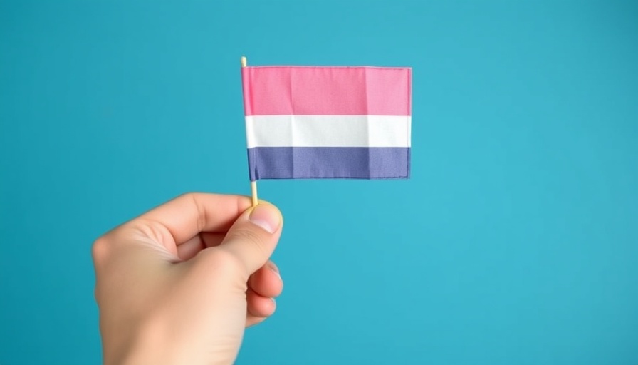 Hand holding a transgender pride flag on blue background related to Texas anti-LGBTQ laws.