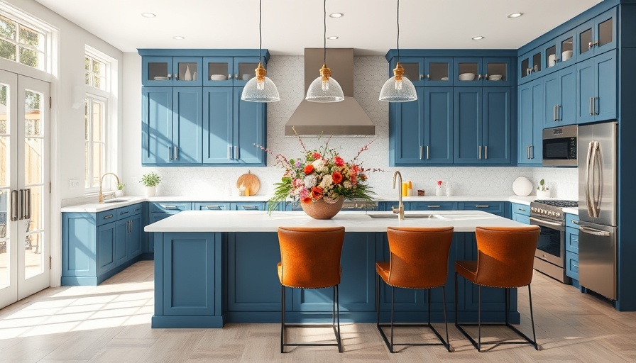 Modern bright kitchen, Nashville home design, featuring blue cabinets and floral decor.