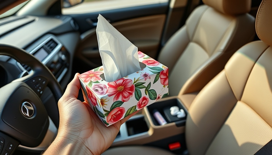 Essential car items, floral tissue holder and essentials box in car.