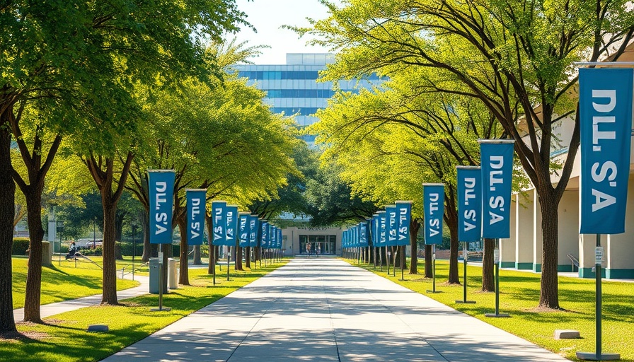 Campus pathway with UTSA banners, sunny day, trees lining the path.