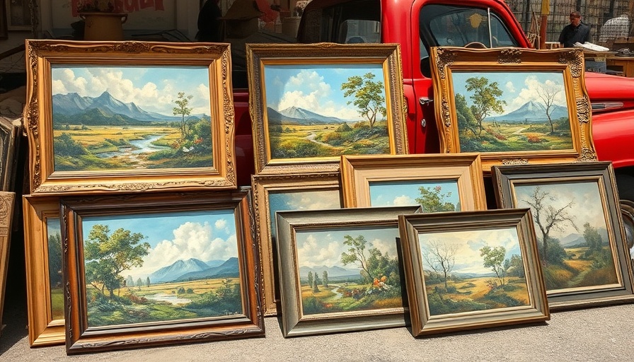 Assorted antique paintings at flea market showcasing common mistakes when buying antique art.