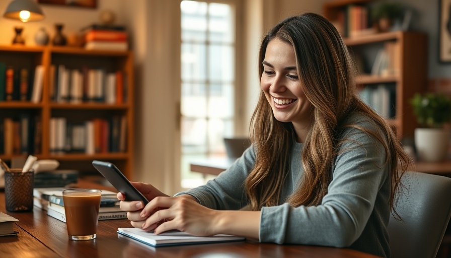 Woman learning Spanish as an adult using smartphone, cozy room.