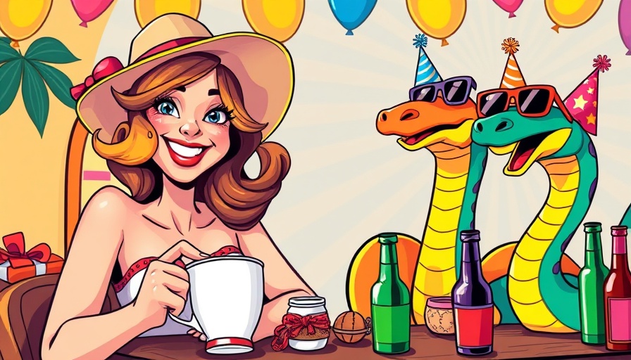 Strangest State cartoon: whimsical illustration of woman, snakes, and party scene.