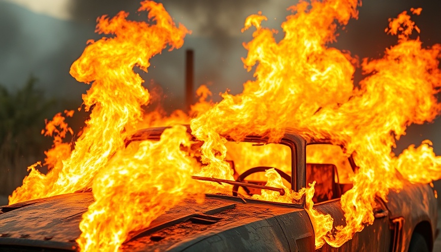 Apocalyptic scenario of blazing car reflecting climate change.