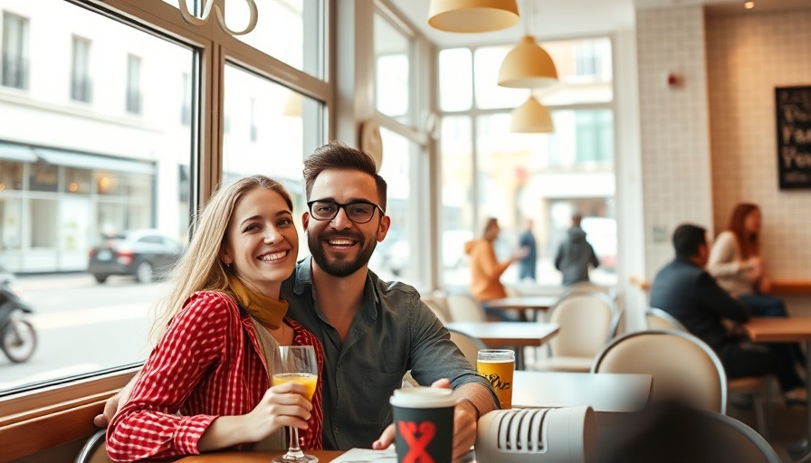 Relaxed couple in cafe, warm ambiance with natural light.