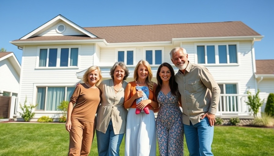 Happy family in front of suburban home, multigenerational homes rising trend.