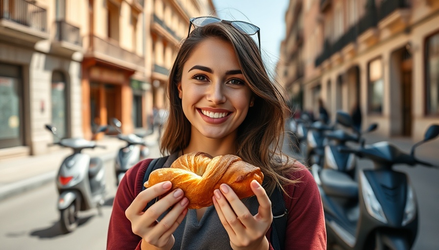 Barcelona gluten-free food tour: woman enjoys pastry in sunny street.