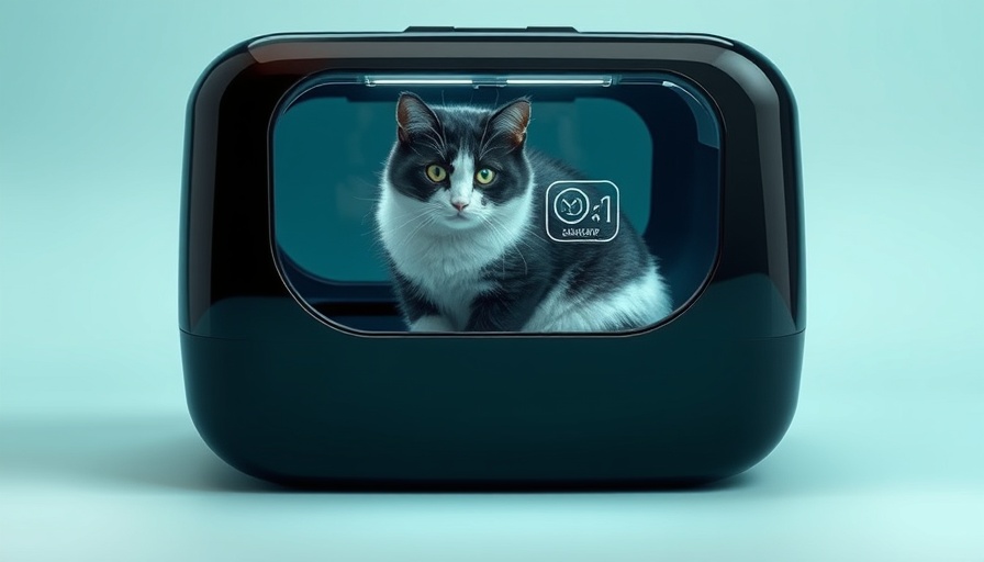 Futuristic self-cleaning litter box with cat and app for convenience.