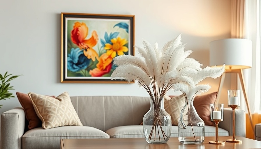 Decorative living room shelf with framed painting and greenery.