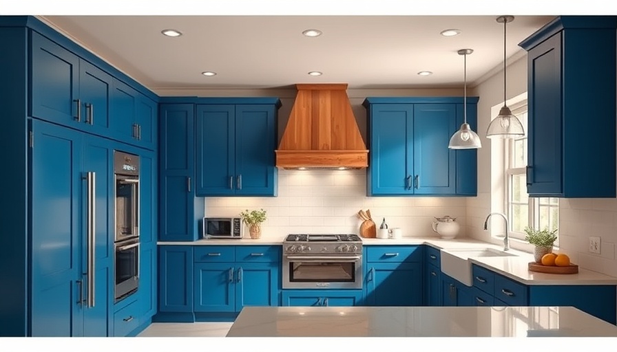Modern kitchen with blue cabinets and natural wooden accents.