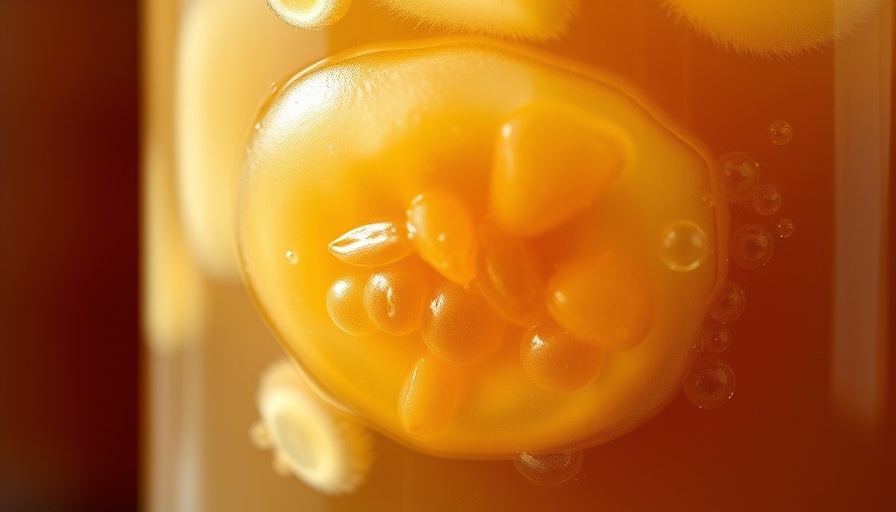 Close-up of kombucha fermentation process showcasing scoby and bubbles.