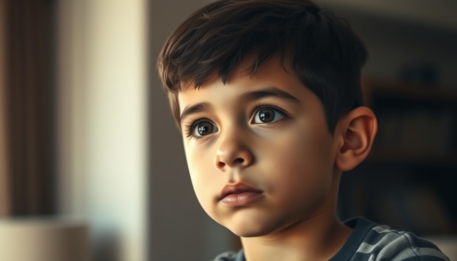 My boy seems anxious and sensitive, thoughtful young boy gazes ahead indoors.