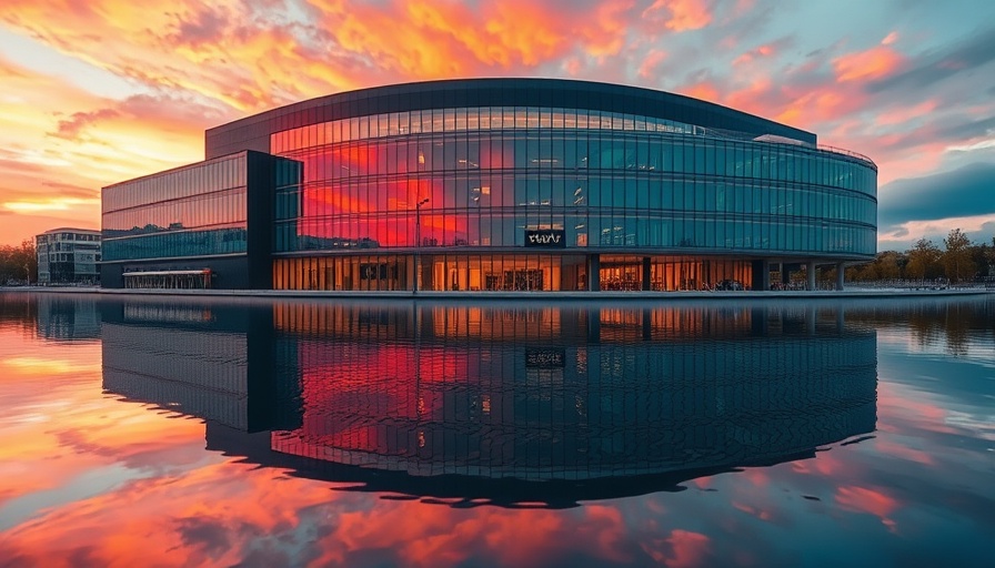 Censorship in the Arts: Modern glass building with reflection at sunset.