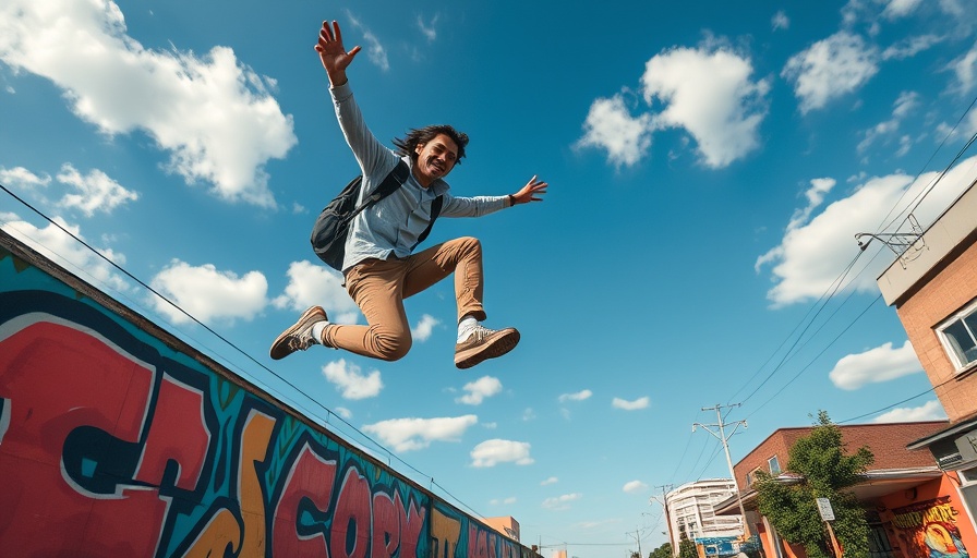 Person leaping in front of colorful Houston mural on 713 Day.