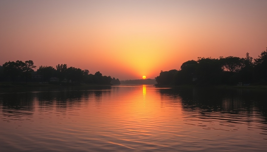 Serene sunset on Guadalupe River with reflective water.