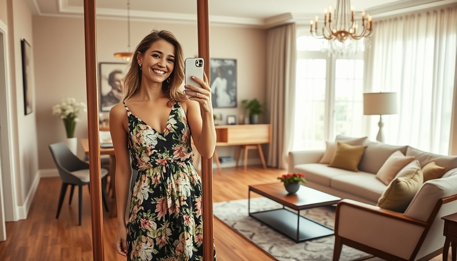 Smiling woman in a floral dress capturing a mirror selfie, healthy lifestyle tips