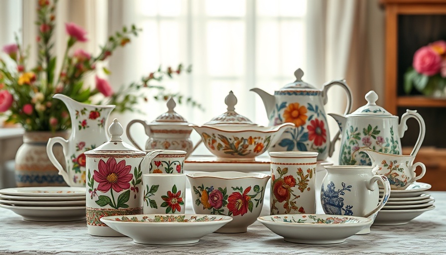 Assorted vintage ceramic tableware collection on display