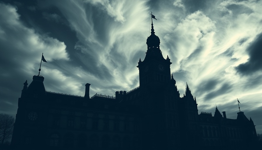 Eerie silhouette of historic building under stormy Texas sky.