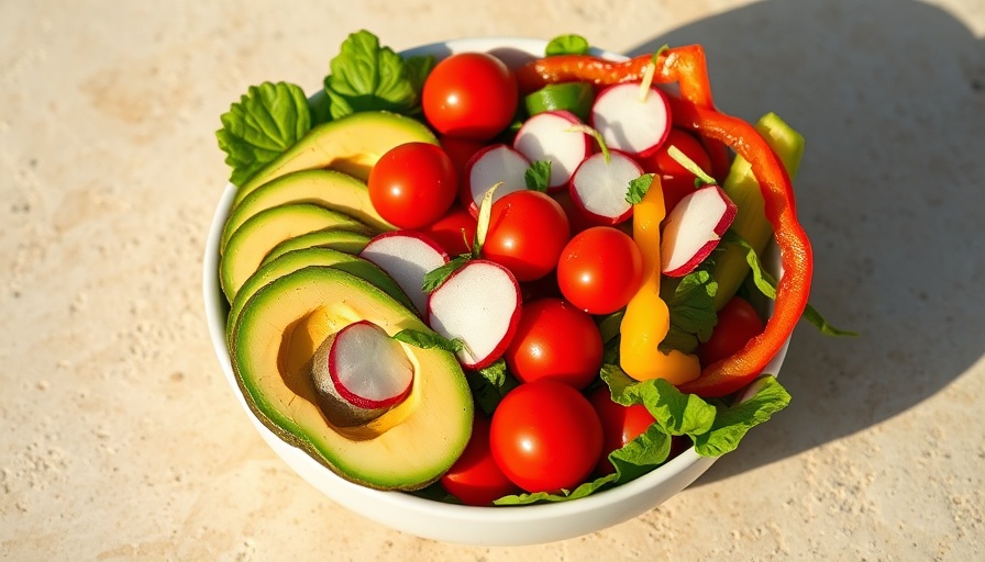 Colorful salad bowl with fresh veggies on stone surface, vibrant presentation.