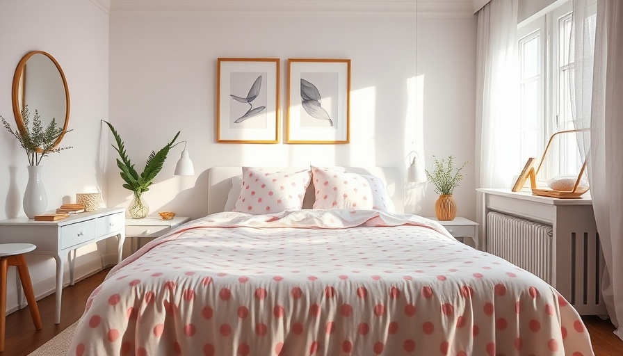 Chic polka dot interior design with framed art and pastel accents.