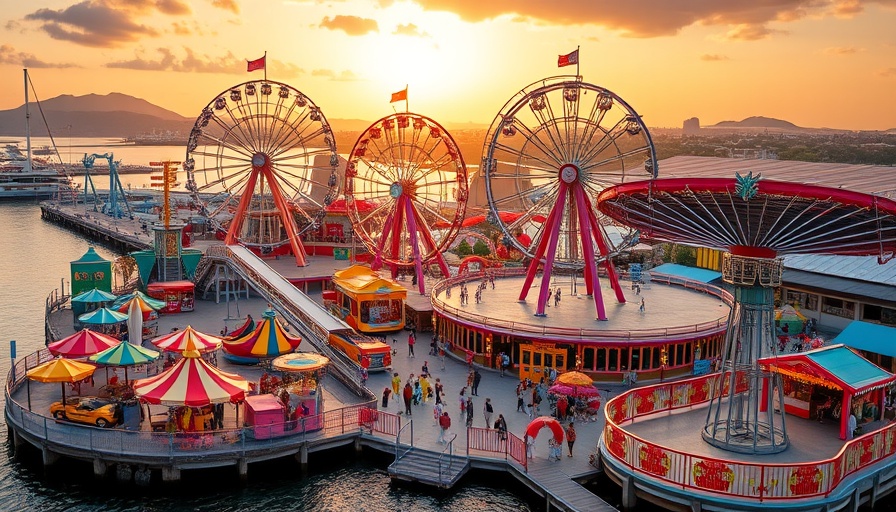 Kemah Boardwalk activities: amusement park rides at sunset.