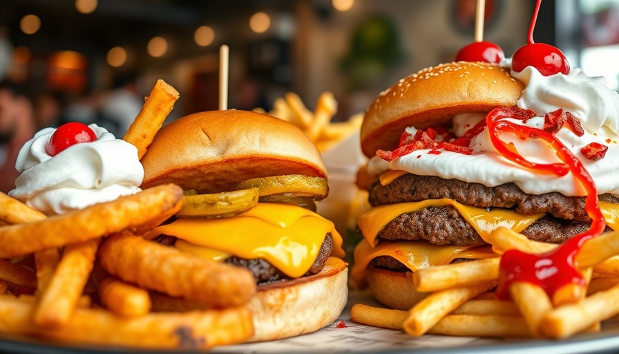 Delicious offerings at a Burger Bar Cafe in Llano Texas featuring crispy pickles, a cheeseburger, and dessert fries.