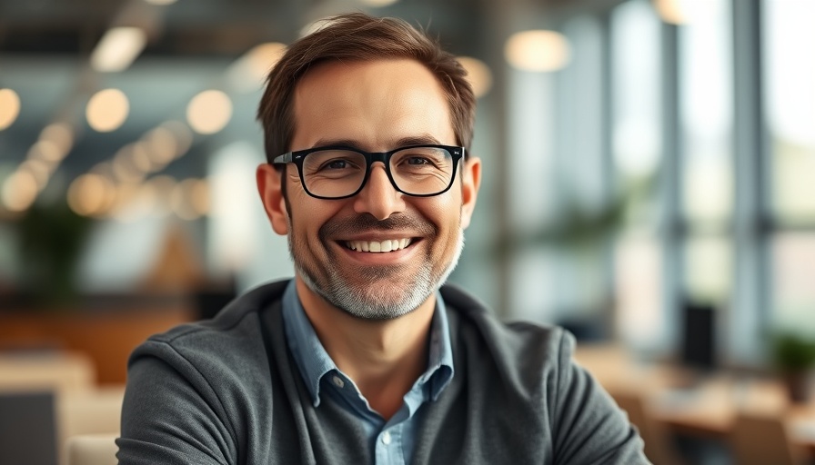Confident man smiling in modern office, heal your body with nutrition
