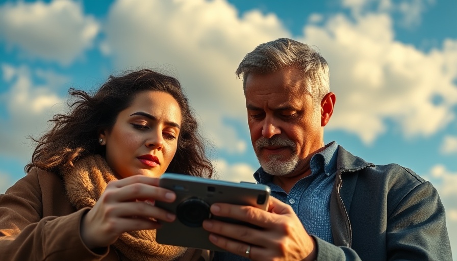 Thoughtful couple outdoors examining a photograph under blue sky.