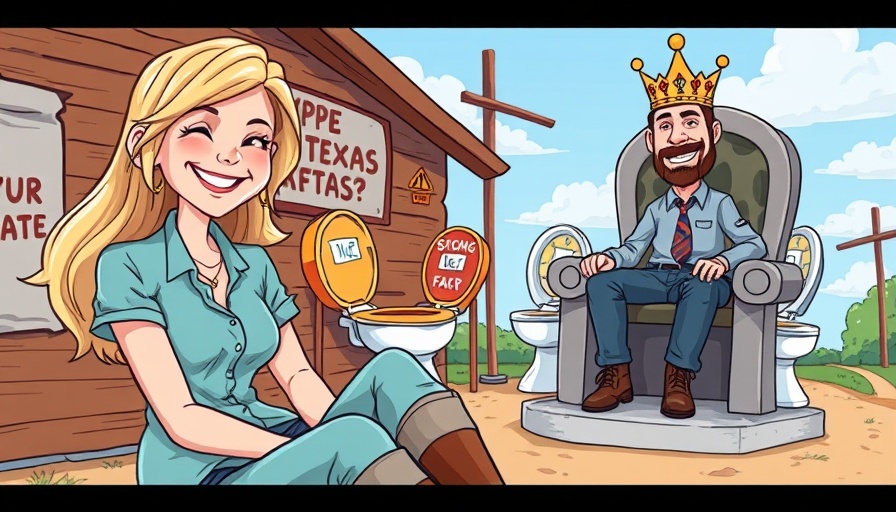 Cartoon highlights Texas unique culture with quirky roadside attraction.