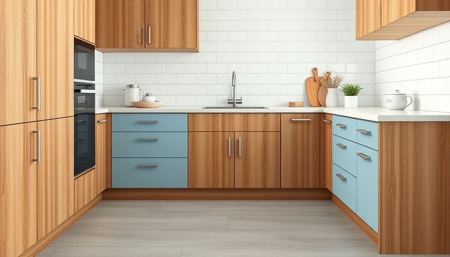 Modern prep kitchen with wooden and blue cabinetry