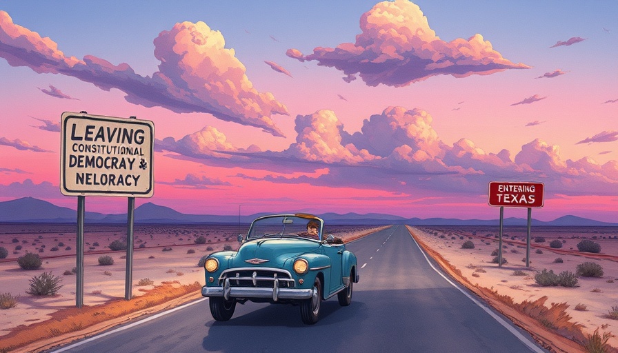 Cartoon with car entering Texas, humorous road signs, Texas legislative session 2025