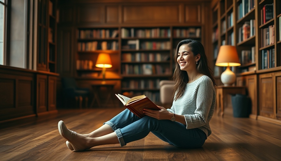 Relaxed woman reading in a cozy wooden library, recent book reviews.