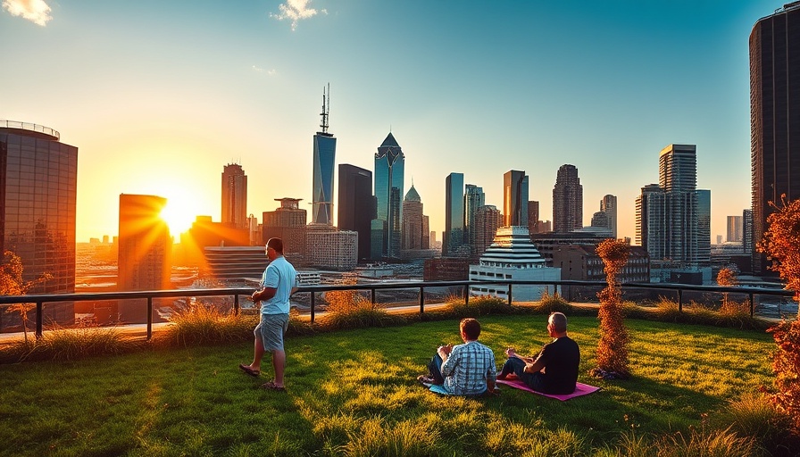 Houston skyline during September events, sunset rooftop garden.