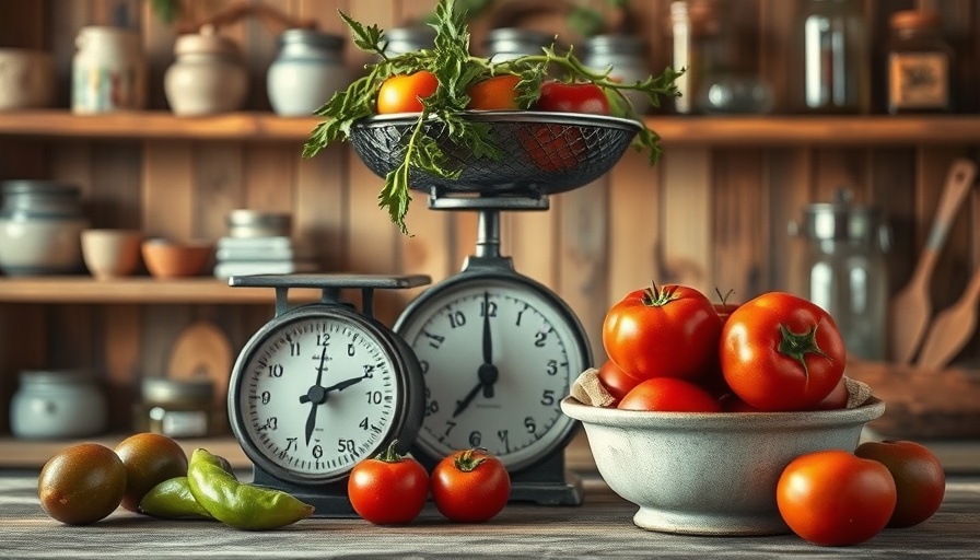 Vintage kitchen setting with rustic scale and fresh produce on wooden shelves.
