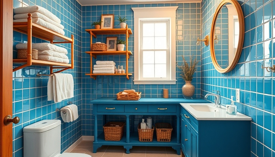 Vibrant small bathroom storage ideas with blue tiles and baskets.