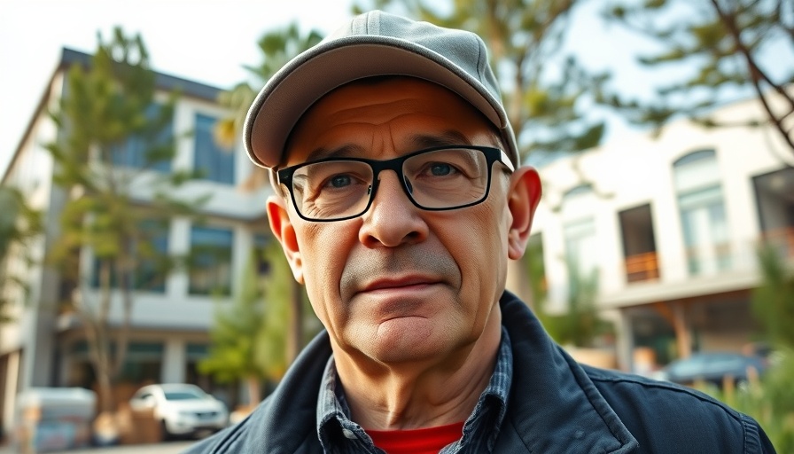 Person with hat and glasses outdoors by modern building.