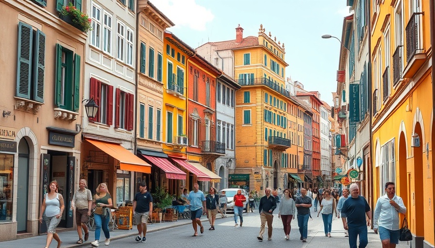 Vibrant street with colorful buildings and people walking, Budgeting for Family Dreams.